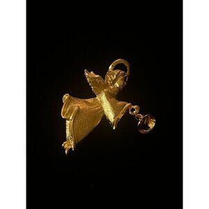 Vintage RR USA Gold Tone Christmas Angel With Bell Holiday Brooch Pin Excellent